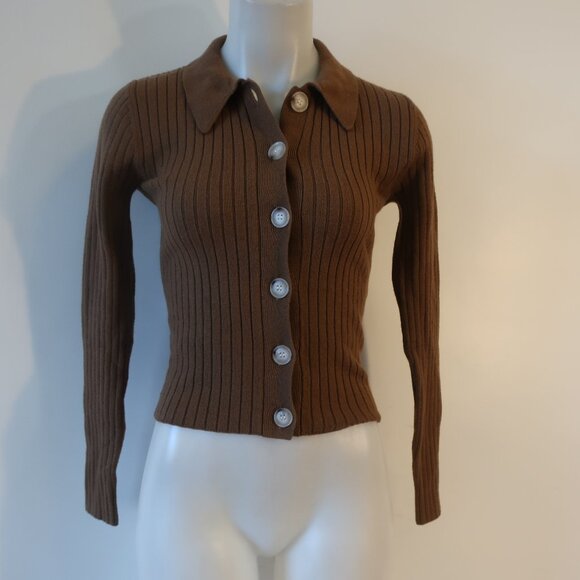 Womens Central Park West Brown Ribbed Thick Knit Button Cardigan Sweater S - Picture 2 of 8